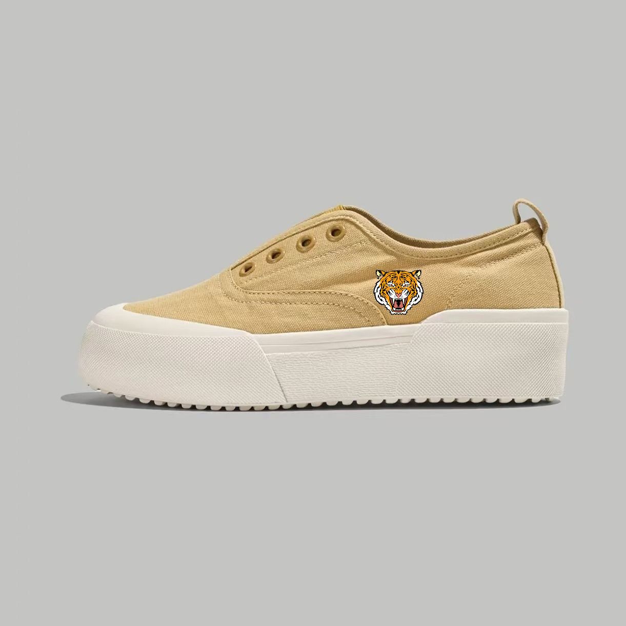 Beige Tiger Emblem Platform Slip-On Sneakers
