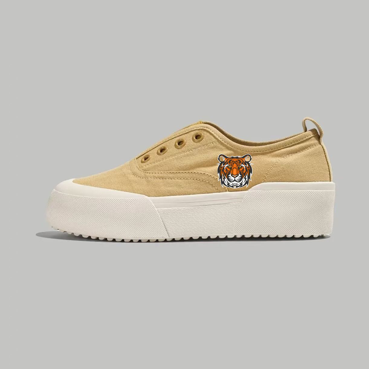 Beige Platform Slip-On Sneakers with Tiger Emblem