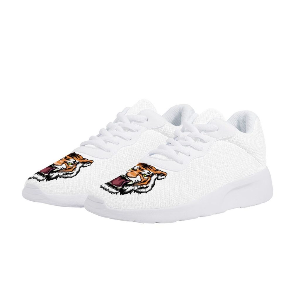All-White Mesh Sneakers with Fierce Tiger Head Graphics