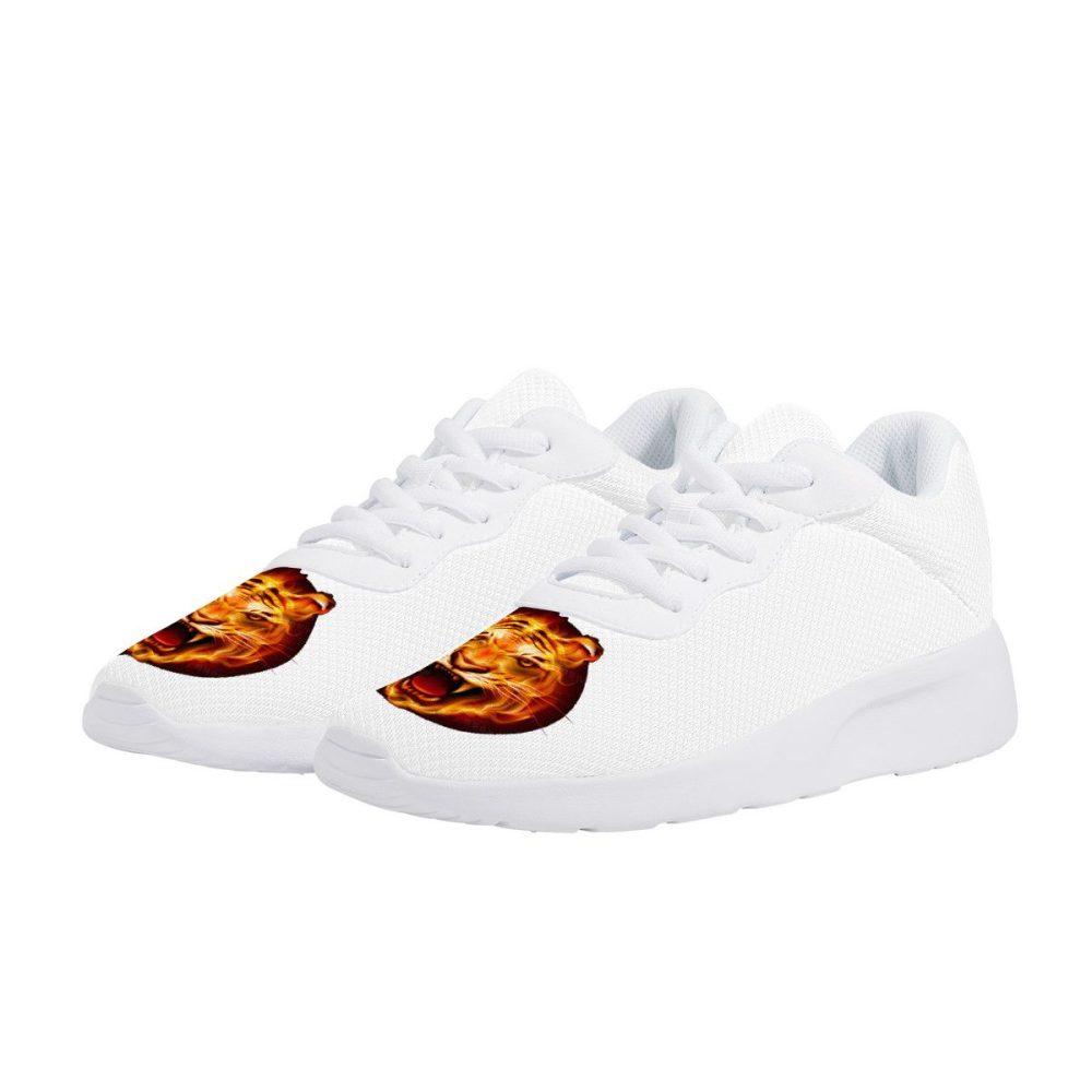All-White Mesh Sneakers with Fiery Tiger Head Graphics