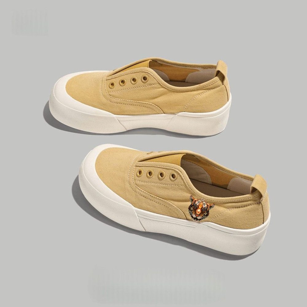 Beige Suede Slip-On Platform Sneakers with 3D Tiger Emblem