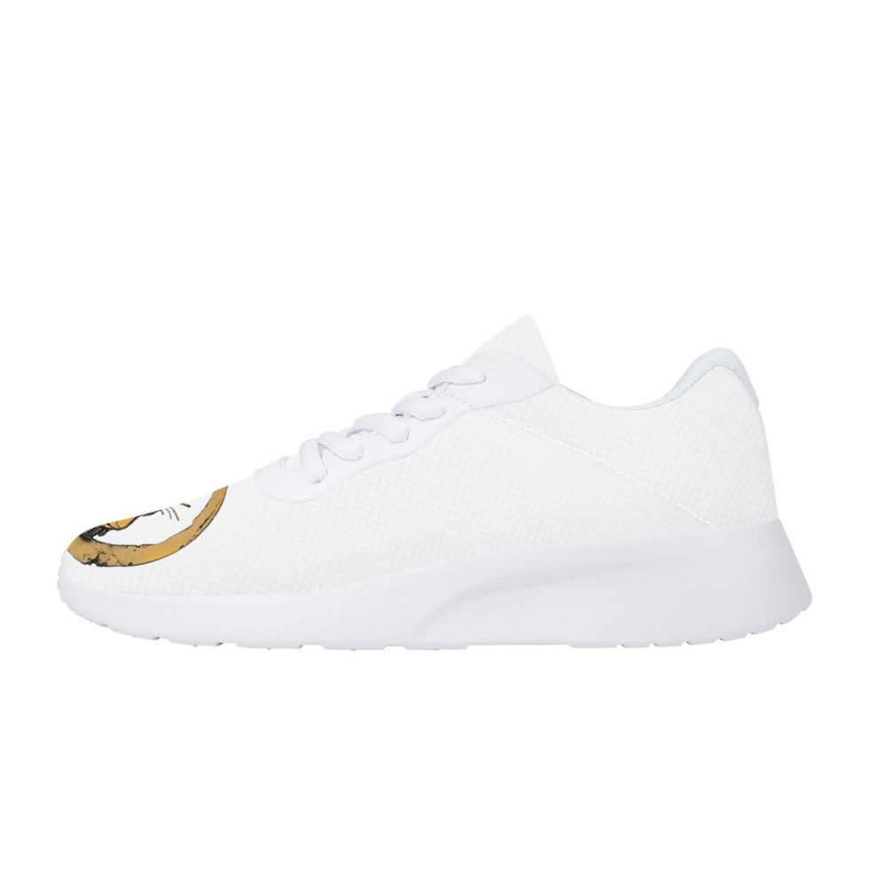 All-White Mesh Sneakers with Gilded Tiger-Crescent Motifs