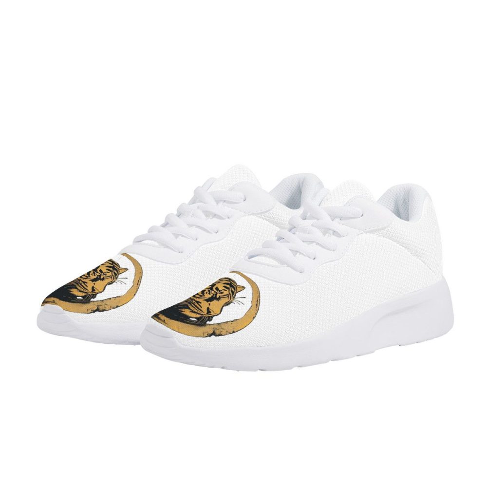 All-White Mesh Sneakers with Gilded Tiger-Crescent Motifs