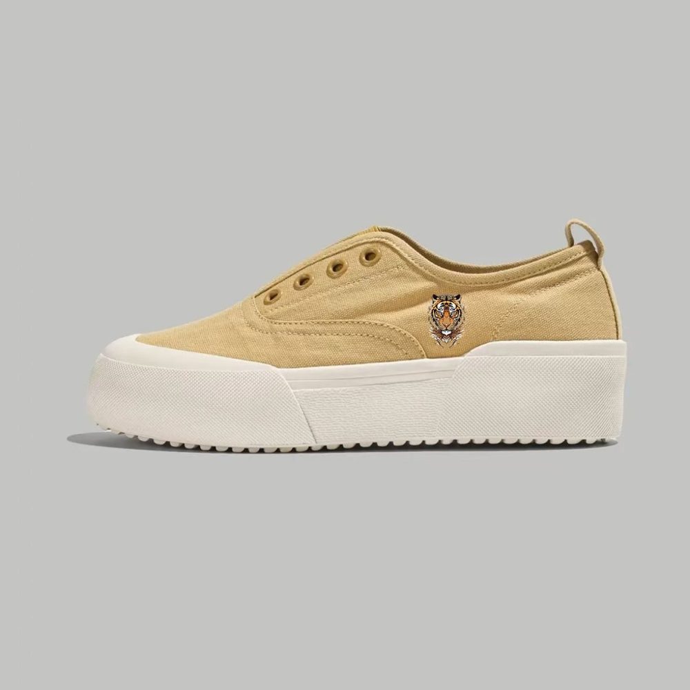 Beige Suede Slip-On Platform Sneakers with Detailed Tiger Embroidery