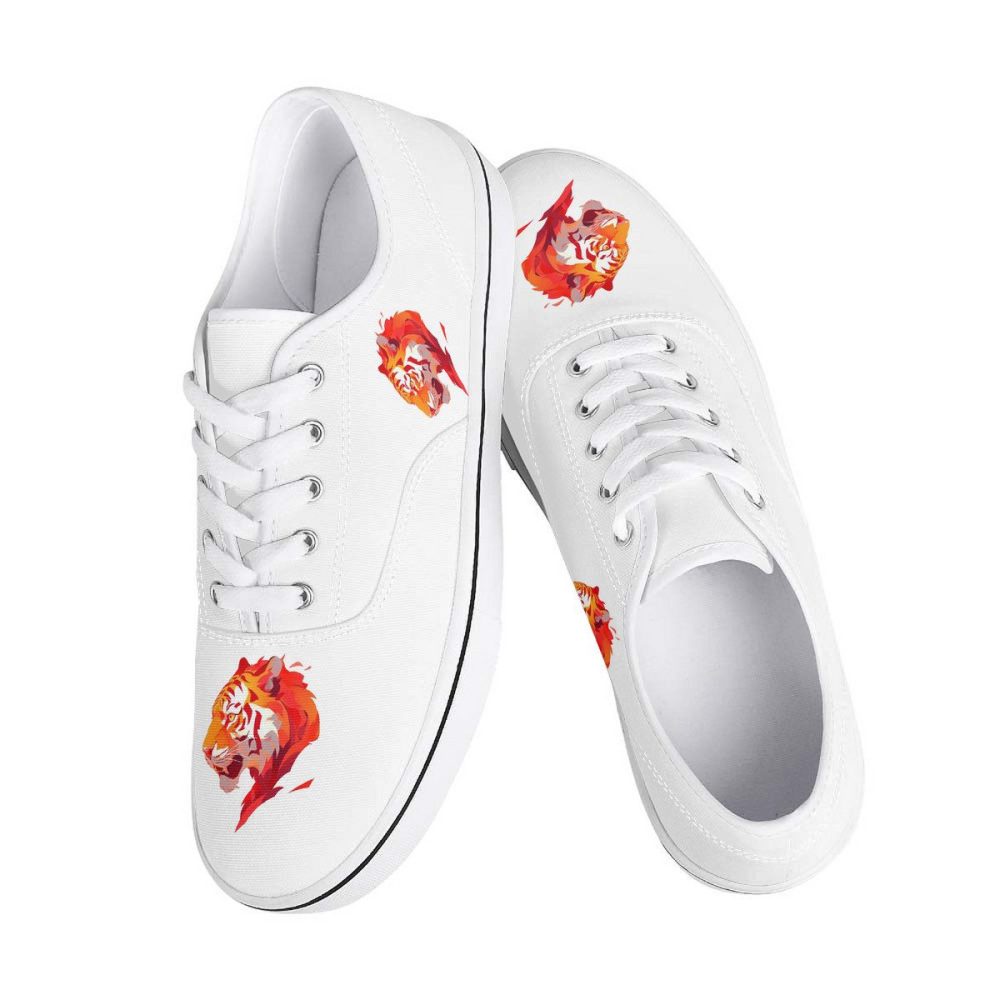 All-White Mesh Sneakers with Bold Red Tiger Prints