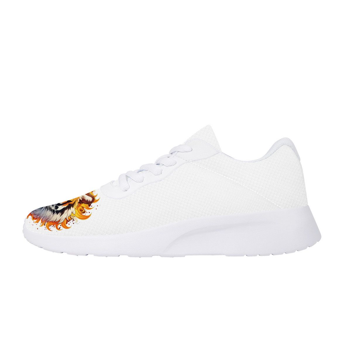 All-White Mesh Sneakers with Flame-Tiger Prints
