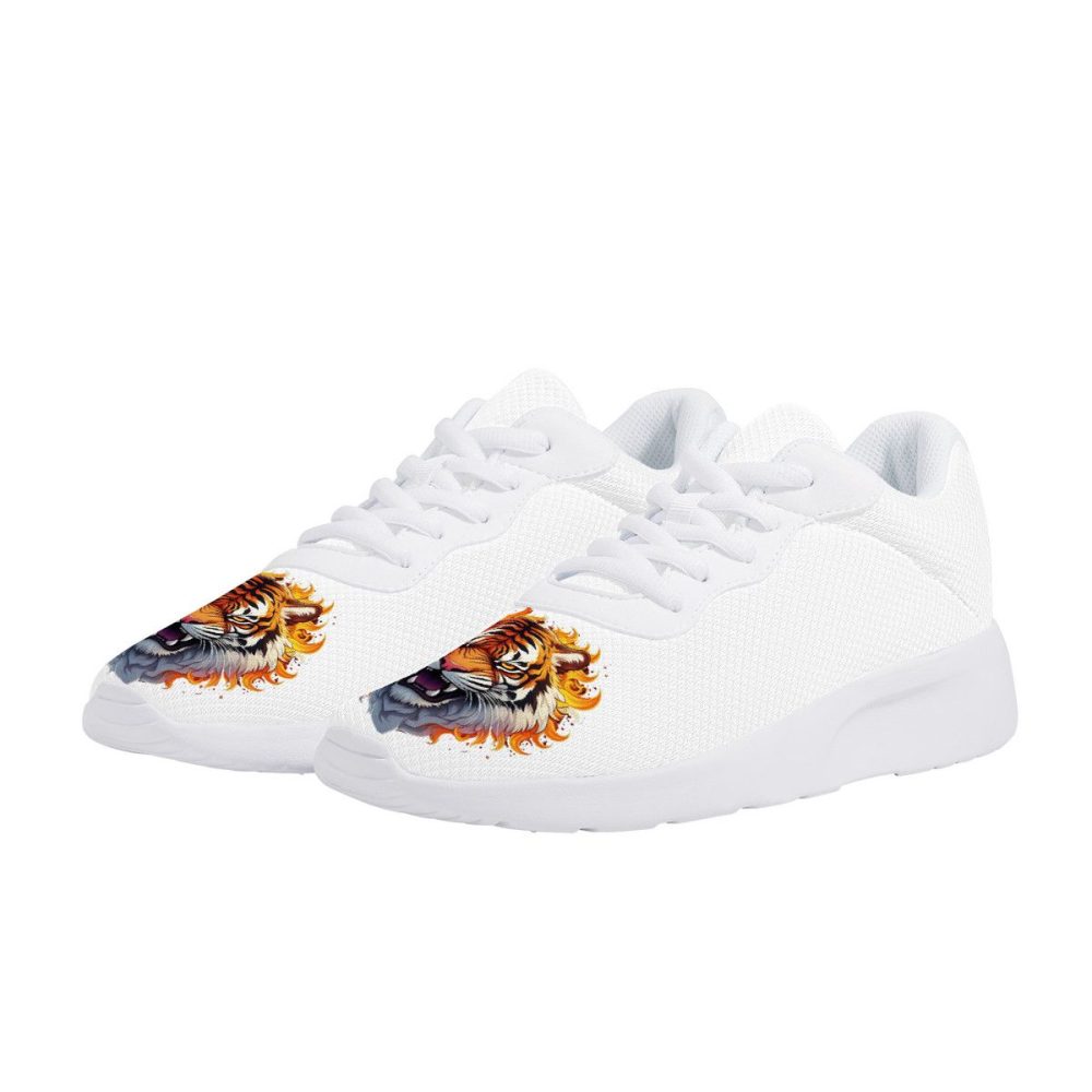 All-White Mesh Sneakers with Flame-Tiger Prints